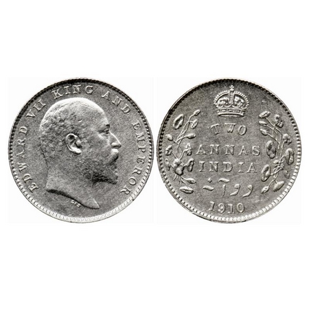 Edward VII, Silver 2 Annas, 1910, Calcutta Mint, No mint mark. GK 987. Uncirculated. Scarc