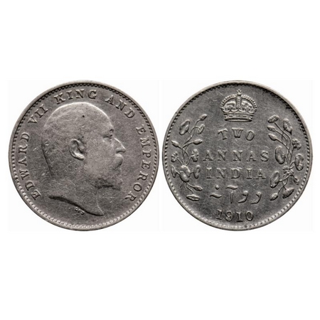 Edward VII, Silver 2 Annas, 1910, Bombay Mint, Dot, Small raised dot on the lowest right s