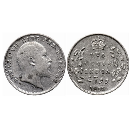 Edward VII, Silver 2 Annas, 1910, Bombay Mint, Dot, Small raised dot on the lowest right s