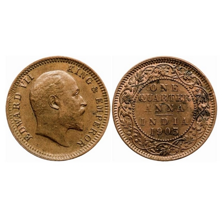 Edward VII, Copper Quarter Anna, 1903, Calcutta Mint, No mint mark. GK 994. Extremely Fine