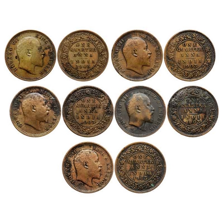 Edward VII, Copper Quarter Anna (5 Coins), 1903, Calcutta Mint, No mint mark. GK 994. Extr