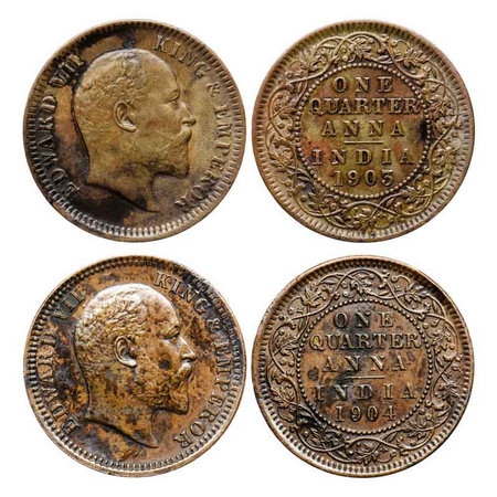 Edward VII, Copper Quarter Anna (2 Coins), 1903, Calcutta Mint, Die crack on Obverse, Ghos