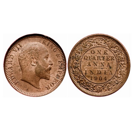 Edward VII, Copper Quarter Anna, 1904, Calcautta Mint, No mint mark. GK 995. MS 62, NGS Sl