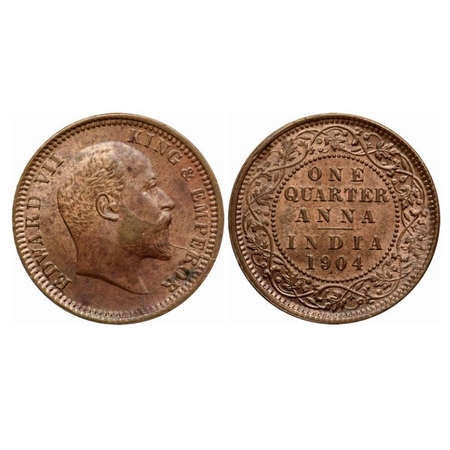 Edward VII, Copper Quarter Anna, 1904, Calcutta Mint, No mint mark, Die crack on Obv. GK 9