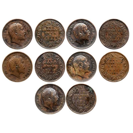 Edward VII, Copper Quarter Anna (5 Coins), 1904, Calcutta Mint, No mint mark. GK 995. Extr