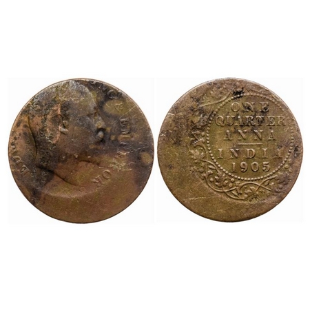 Edward VII, Copper Quarter Anna, 1905, Calcutta Mint, 35% Die shift on Obv & Rev. Very Fin