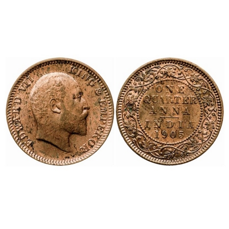Edward VII, Copper Quarter Anna, 1905, Calcutta Mint, No mint mark. GK 996. Extremely Fine