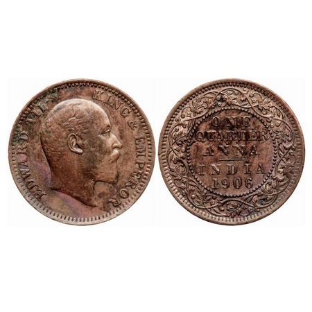 Edward VII, Copper Quarter Anna, 1906, (6.36gm), Calcutta Mint, No mint mark, Ghost on Rev