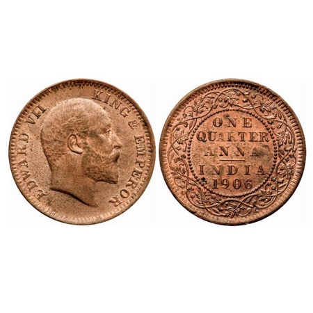 Edward VII, Copper Quarter Anna, 1906, (6.41gm), Calcutta Mint, No mint mark. GK 997. Almo