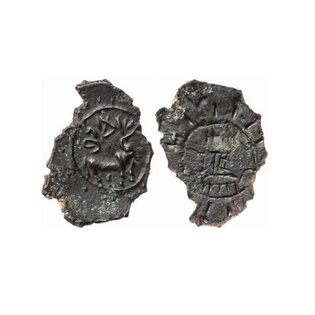 Pallavas of Kanchi, Bronze Unit, 0.86gm 16.52mm, Obv: Bull standing facing to right above 