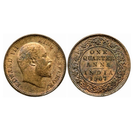 Edward VII, Bronze Quarter Anna, 1907, Calcutta Mint, No mint mark, Ghost on Rev, Die flaw