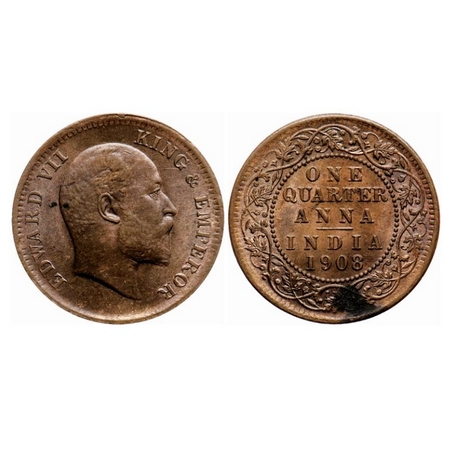 Edward VII, Bronze Quarter Anna, 1908, Calcutta Mint, Die crack on Obverse and Reverse. GK