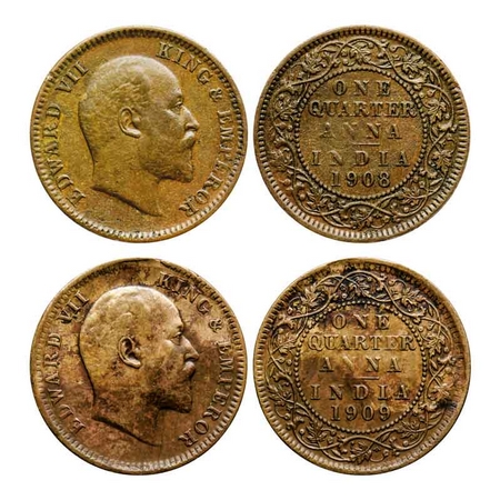 Edward VII, Bronze Quarter Anna (2 Coins), 1908, 1909, Calcutta Mint, No mint mark. GK 100