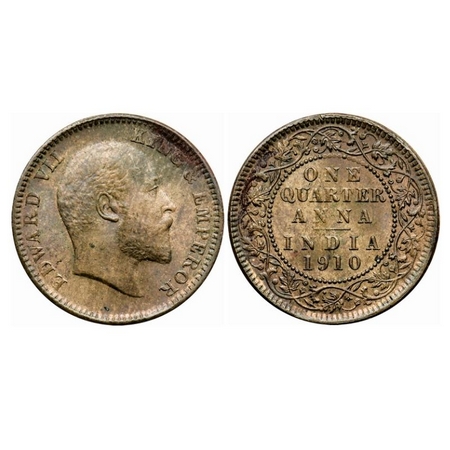 Edward VII, Bronze Quarter Anna, 1910, Calcutta Mint, No mint mark. GK 1002. Extremely Fin