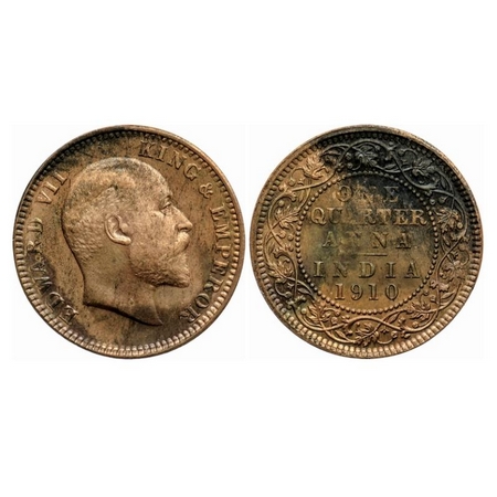 Edward VII, Bronze Quarter Anna, 1910, Calcutta Mint, No mint mark. GK 1002. Almost Uncirc
