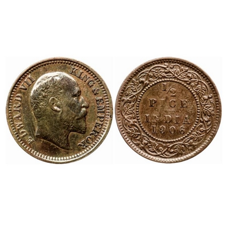 Edward VII, Copper 1/2 Pice, 1906, Calcutta Mint (3.12gm), No mint mark. GK 1006. Extremel