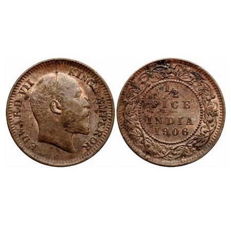 Edward VII, Copper 1/2 Pice, 1906, (3.43gm), Calcutta Mint, No mint mark, Die cracks on Ob