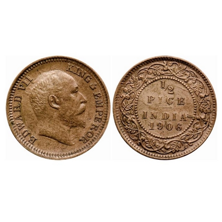 Edward VII, Bronze 1/2 Pice, 1906, Calcutta Mint, Planchet flaw on Rev, Ghost on Rev, Mult