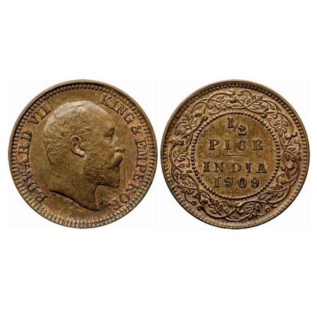 Edward VII, Bronze 1/2 Pice, 1909, Calcutta Mint, No mint mark, Multiple die cracks on Obv