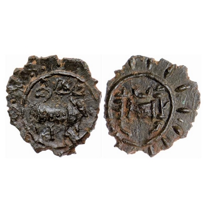Pallavas of Kanchi, Bronze Unit, 0.81gm 13.00mm, Obv: Bull walking to right above Brahmi l