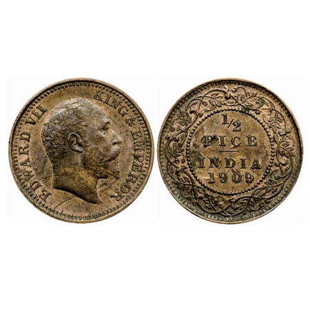 Edward VII, Bronze 1/2 Pice, 1909, Calcutta Mint, No mint mark, Ghost on Obv & Rev, Die cr