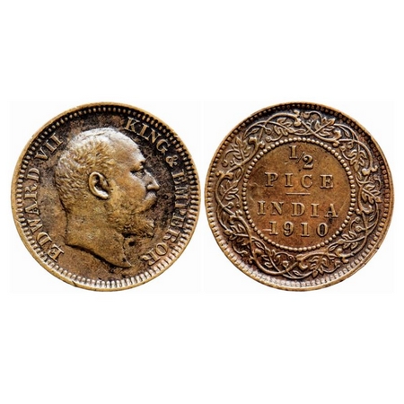 Edward VII, Bronze 1/2 Pice, 1910, Calcutta Mint, Ghost on Obv and Rev. GK 1011. Extremely