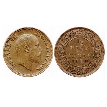 Edward VII, Bronze 1/2 Pice, 1910, Calcutta Mint, No mint mark, Ghost on Rev, Edge nick on