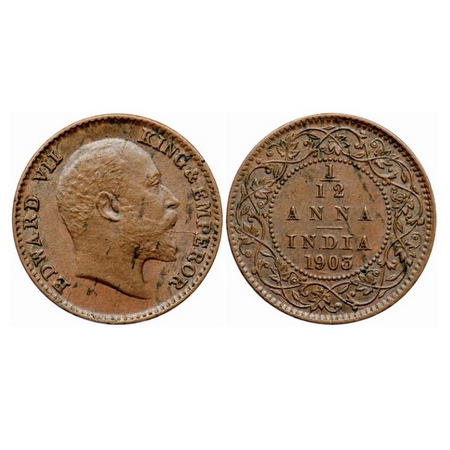 Edward VII, Copper 1/12 Anna, 1903, Calcutta Mint, No mint mark, Die cracks on Obv. GK 101