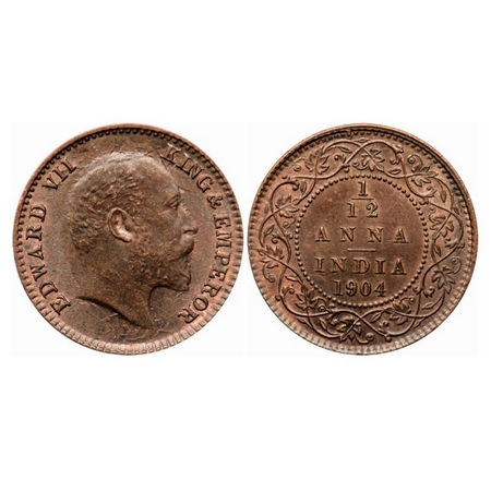 Edward VII, Copper 1/12 Anna, 1904, Calcutta Mint, No mint mark, Ghost on Obv. GK 1013. Un