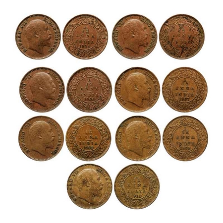 Edward VII, Copper & Bronze 1/12 Anna (7 Coins), Calcutta Mint, No mint mark, 1904, 1905,
