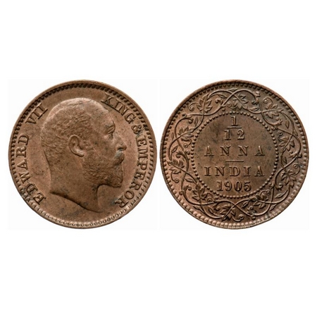 Edward VI, Copper 1/12 Anna, 1905, Calcutta Mint, No mint mark. GK 1014. Uncirculated. Rar