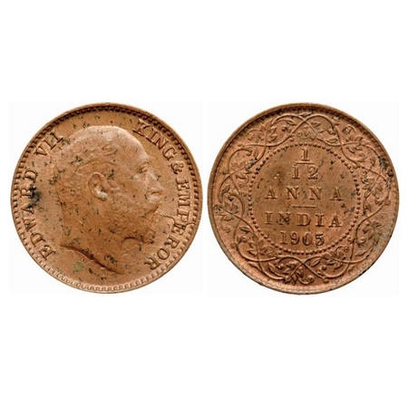 Edward VII, Copper 1/12 Anna, 1905, Calcutta Mint, No mint mark, Die cracks on Obv. GK 101