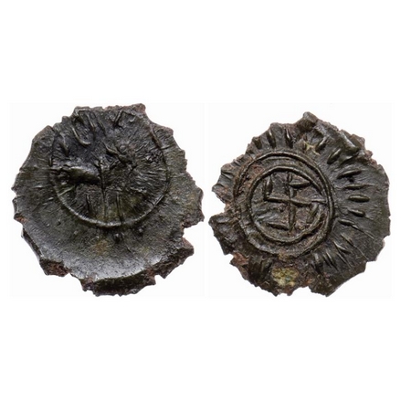 Pallavas of Kanchi, Bronze Unit, 1.47gm 17.06mm, Obv: Bull walking to right above traces o