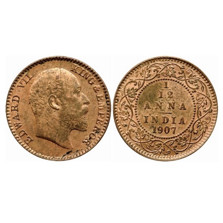 Edward VII, Bronze 1/12 Anna, 1907, Calcutta Mint, No mint mark, Multiple die cracks on Ob