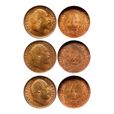 Edward VII, Bronze 1/12 Annas (3 Coins), 1907, 1908, 1909, Calcutta Mint, No mint mark. GK