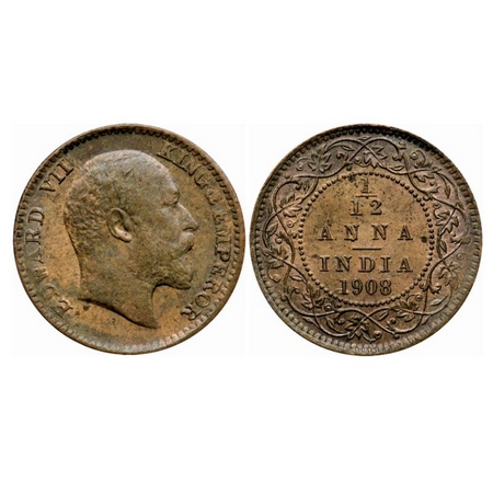 Edward VII, Bronze 1/12 Annas, 1908, Calcutta Mint, No mint mark, Die cracks on Obv & Rev.