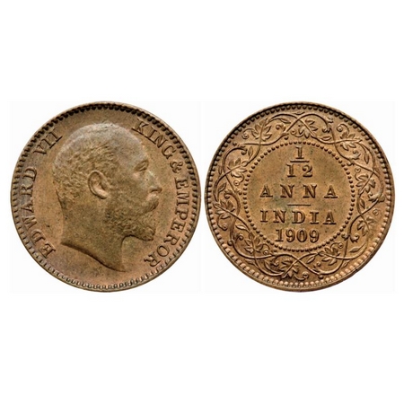 Edward VII, Bronze 1/12 Anna, 1909, Calcutta Mint, No mint mark. GK 1019. Almost Uncircula