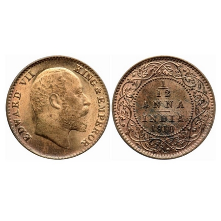 Edward VII, Bronze 1/12 Anna, 1910, Calcutta Mint, No mint mark, Ghost on Rev. GK 1020. Un