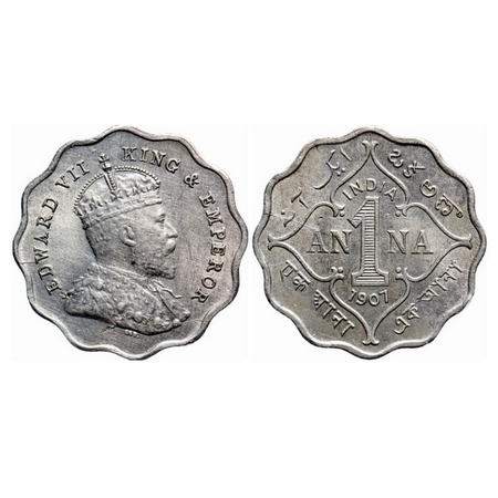 Edward VII, Copper-Nickel 1 Anna, 1907, Bombay Mint, Capital letter 'B' incused below the 