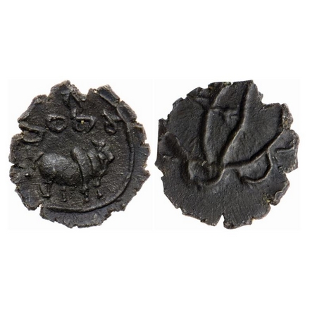 Pallavas of Kanchi, Bronze Unit, 1.43gm 15.11mm, Obv: Bull walking to right above crude Br