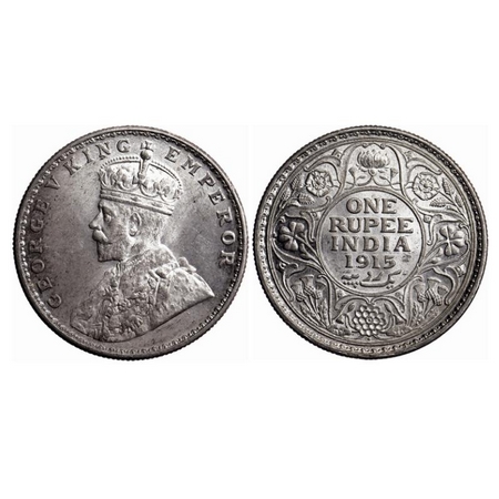 George V, Silver Rupee, 1915, Bombay Mint, Dot. GK 1032. Brilliant Uncirculated. Scarce.