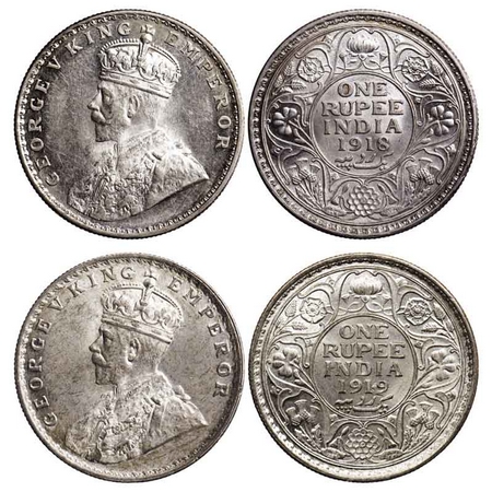 George V, Silver Rupee (2 Coins), 1918, Calcutta Mint, No dot, 1919, Bombay Mint, Dot, Gho
