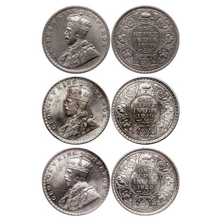George V, Silver Rupee (3 Coins), 1918, Bombay Mint, Dot, 1919, Calcutta Mint, No dot, 192