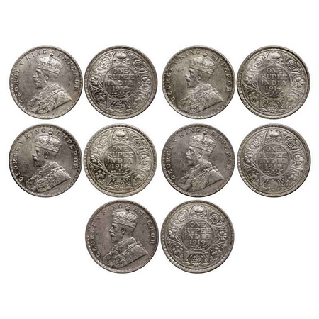 George V, Silver Rupee (5 Coins), 1919, Bombay Mint, Dot, Ghost on Rev. GK 1040. About Unc
