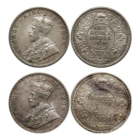 George V, Silver Rupee (2 Coins), 1920, Calcutta Mint, No dot, Bombay Mint, Dot. GK 1041, 