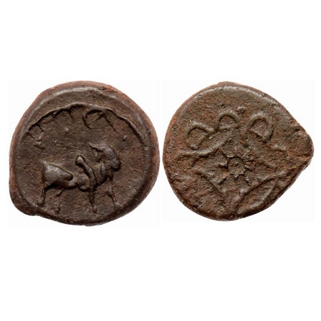 Pallavas of Kanchi, Bronze Unit, 2.49gm 16.09mmm, Obv: Bull walking to right above Brahmi 