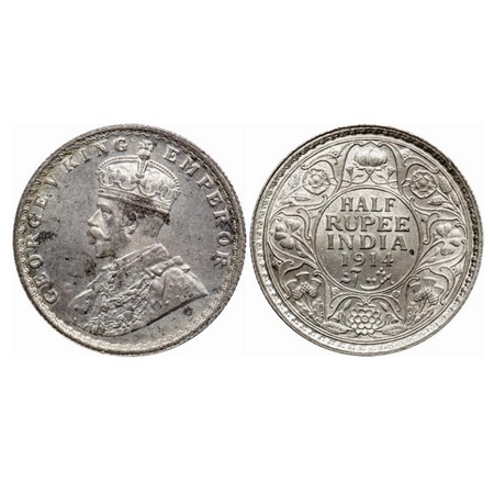 George V, Silver 1/2 Rupee, 1914, Calcutta Mint, No dot. GK 1050. Almost Uncirculated. Sca