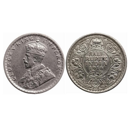 George V, Silver 1/2 Rupee, 1916, Calcutta Mint, No dot, A small nick on the Obv rim. GK 1