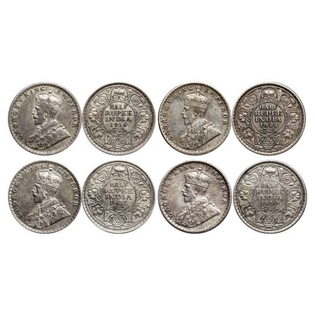 George V, Silver 1/2 Rupee (4 Coins), 1916, Calcutta Mint, No dot, 1921, Calcutta Mint, No