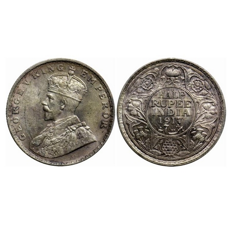 George V, Silver 1/2 Rupee, 1917, Bombay Mint, Dot, Ghost on Obv and Rev. GK 1055. Toned A